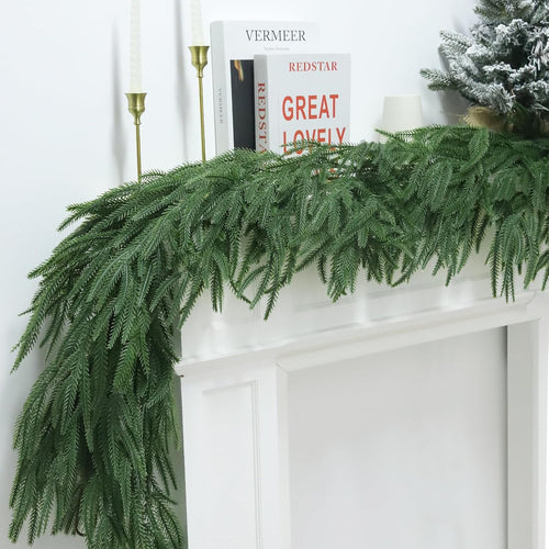 6.5Ft Christmas Norfolk Pine Garland, Real Touch Norfolk, Artificial Realistic for Holiday Mantel Fireplace Christmas Table Home Outdoor