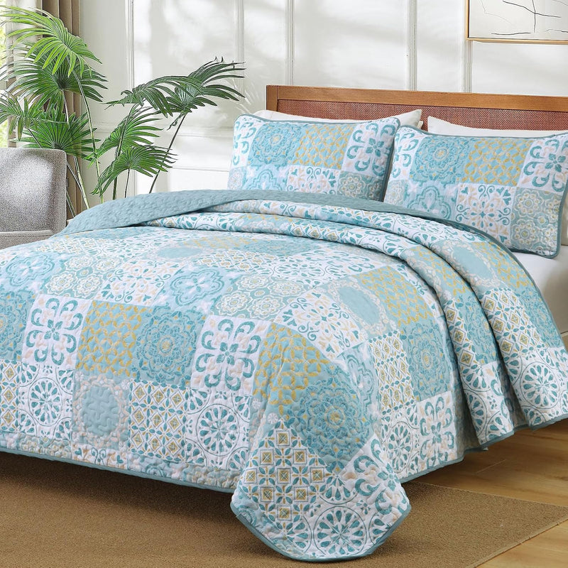 Dobuyly Grey Black Quilt Set Queen Size, Boho Plaid Patchwork Bedspreads Coverlet Set, 3 Pieces Soft Lightweight Microfiber Farmhouse Quilt Bedding Set for All Seasons 96"x90"