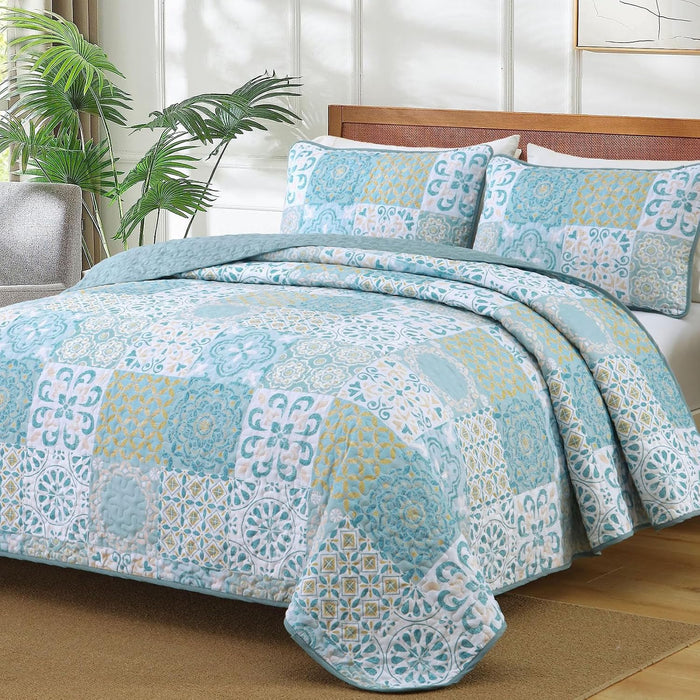 Dobuyly Grey Black Quilt Set Queen Size, Boho Plaid Patchwork Bedspreads Coverlet Set, 3 Pieces Soft Lightweight Microfiber Farmhouse Quilt Bedding Set for All Seasons 96"x90"
