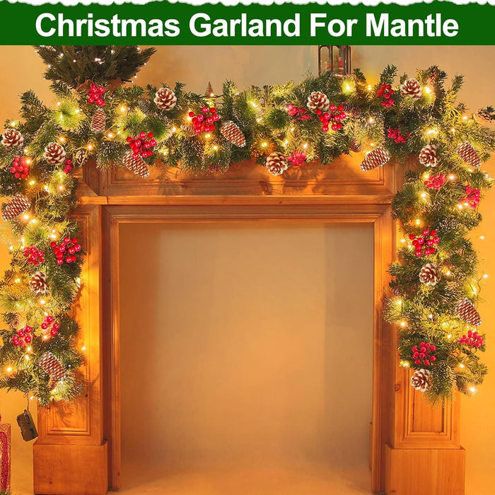 Auto Timer & 8 Modes 9Ft by 10 Inch 50 LED Prelit Christmas Garland Decorations Warm Lights Thick 270 Lifelike Snowy Tips 70 Red Berries 10 Pinecones Xmas Garland Fireplace Door Stairs Home Outdoor