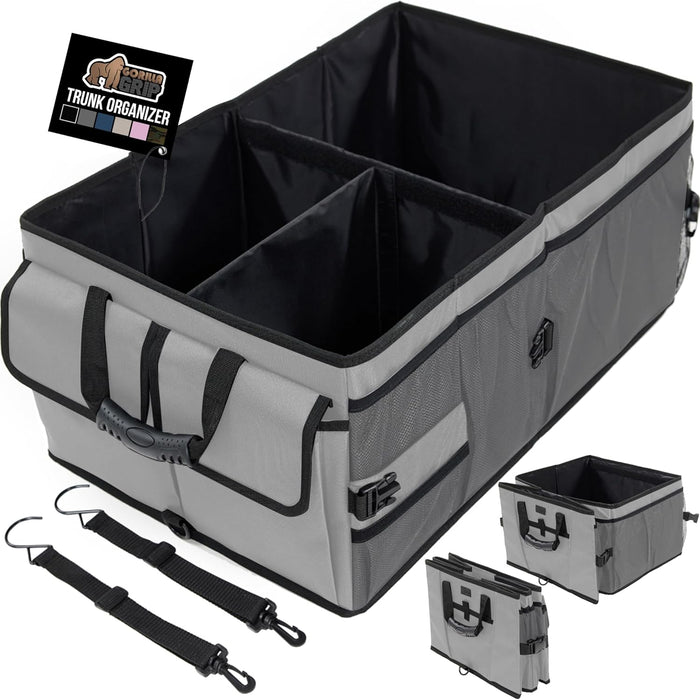 GORILLA GRIP Large Capacity Sturdy Trunk Storage Organizer, Slip and Water Resistant Collapsible Organization Container for Car Sedan or SUV, Multi Compartment Box Vehicle Accessories, Gray