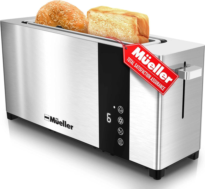 Mueller UltraToast Full Stainless Steel Toaster 4 Slice, Long Extra-Wide Slots for Bagels and Waffles, 6 Browning Levels, LED Display, Cancel/Defrost/Reheat Functions & Removable Tray, Kitchen Gadgets