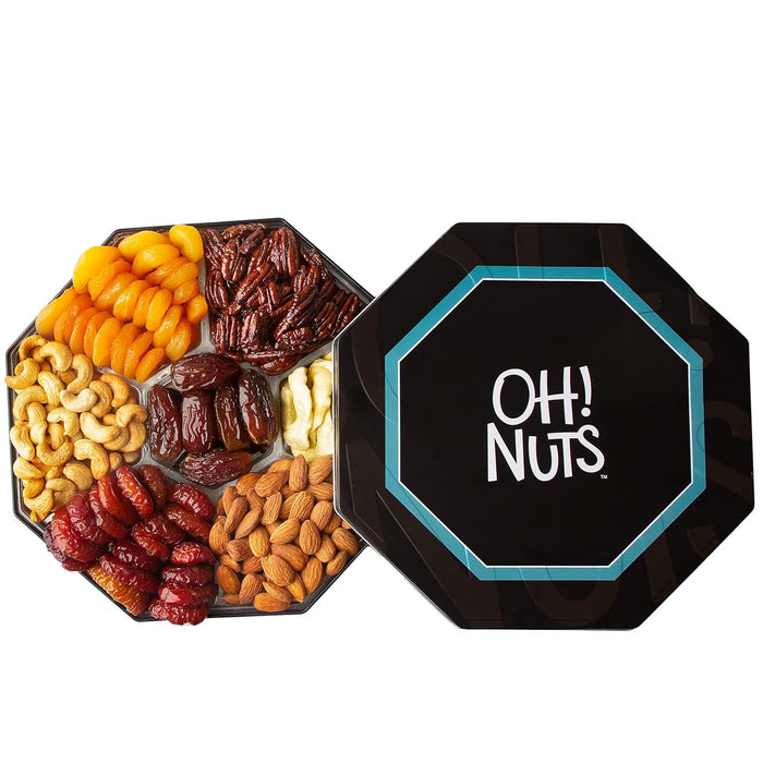 Oh! Nuts 7 Section Dried Fruits and Nuts Gift Basket - Gourmet Assorted Fruit & Nut Gifts Baskets - Healthy Food Hexagon Metal Tin Box - Festive Gifts for Holiday, Birthday, Corporate Women & Men