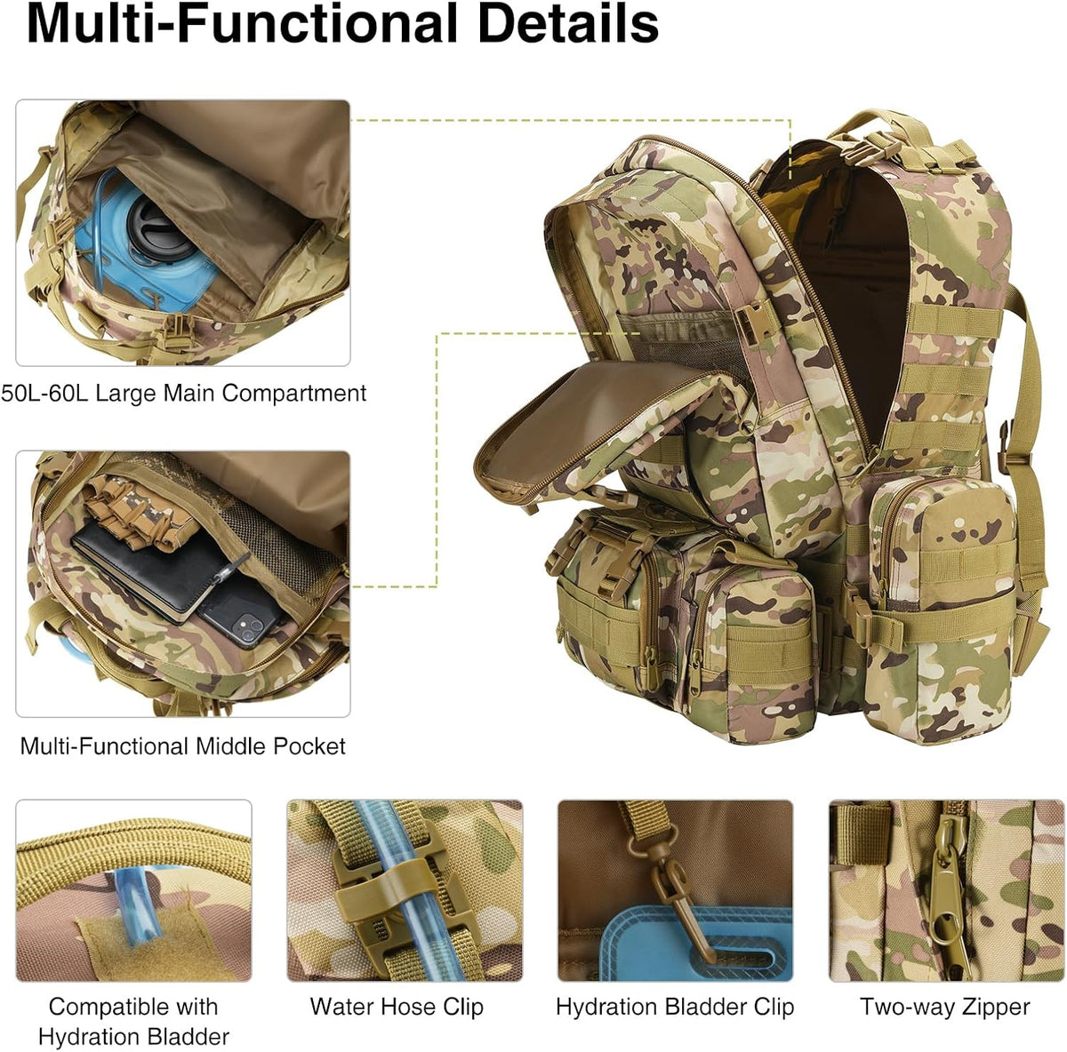 60L Tactical Backpack for Men, Large Military Backpack Molle Rucksack, Heavy Duty Army Assault Pack, Tactical Bag with Detachable Bottle Holder for Hiking Camping Hunting Adventure, Camo