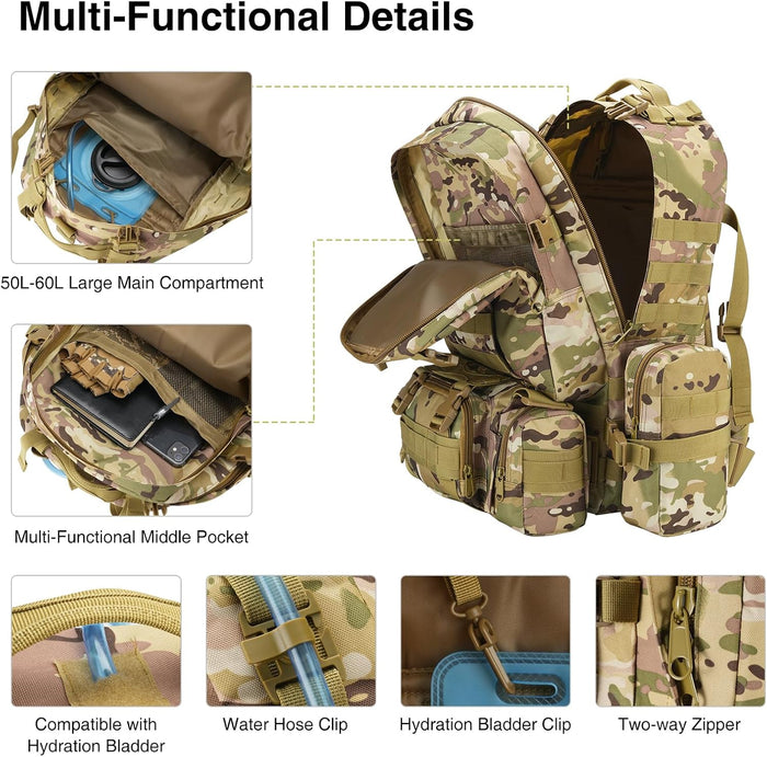 60L Tactical Backpack for Men, Large Military Backpack Molle Rucksack, Heavy Duty Army Assault Pack, Tactical Bag with Detachable Bottle Holder for Hiking Camping Hunting Adventure, Camo
