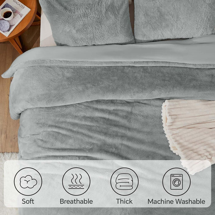 BEDELITE Faux Fur Fleece Queen Comforter Set - Fluffy & Warm Grey Comforter Queen Size，Ultra Soft and Cozy Winter Bedding Set,Fuzzy Thick Bed Set,1 Comforter and 2 Pillowcases