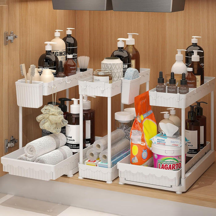 2 Pack Multi-Purpose Under Sink Organizers and Storage, 2025 Pull Out Cabinet Organizer for Bathroom & Kitchen, Under Cabinet Organizer with Hooks Hanging Cup, Black
