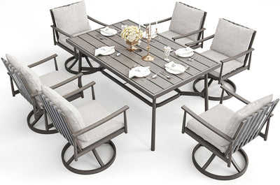 HAPPATIO 7-Piece Outdoor Dining Set for 6, Aluminum Patio Dining Set Includes 6 Swivel Dining Chairs and 1 Large Rectangular Table with Umbrella Hole, Patio Furniture Set for Lawn, Porch, Grey