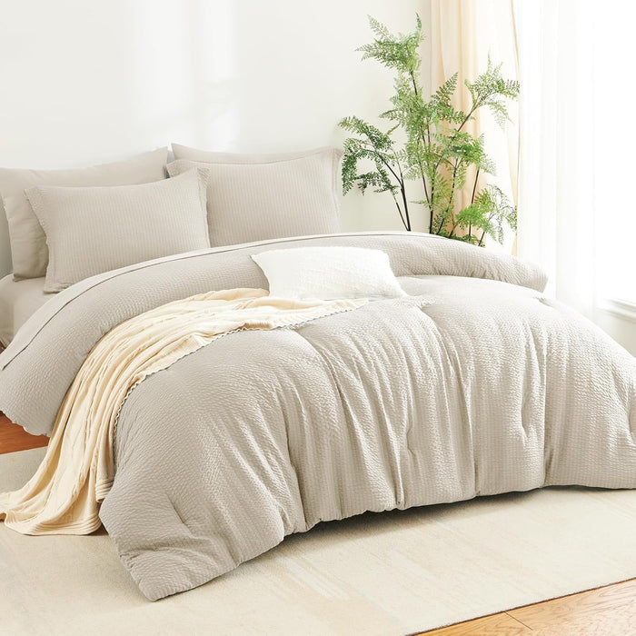 CozyLux Queen Comforter Set Beige - 7 Pieces Striped Seersucker Bed in a Bag, Soft Lightweight Boho Bedding Set with All Season Comforters Queen Size, Sheets, Pillowcases & Shams