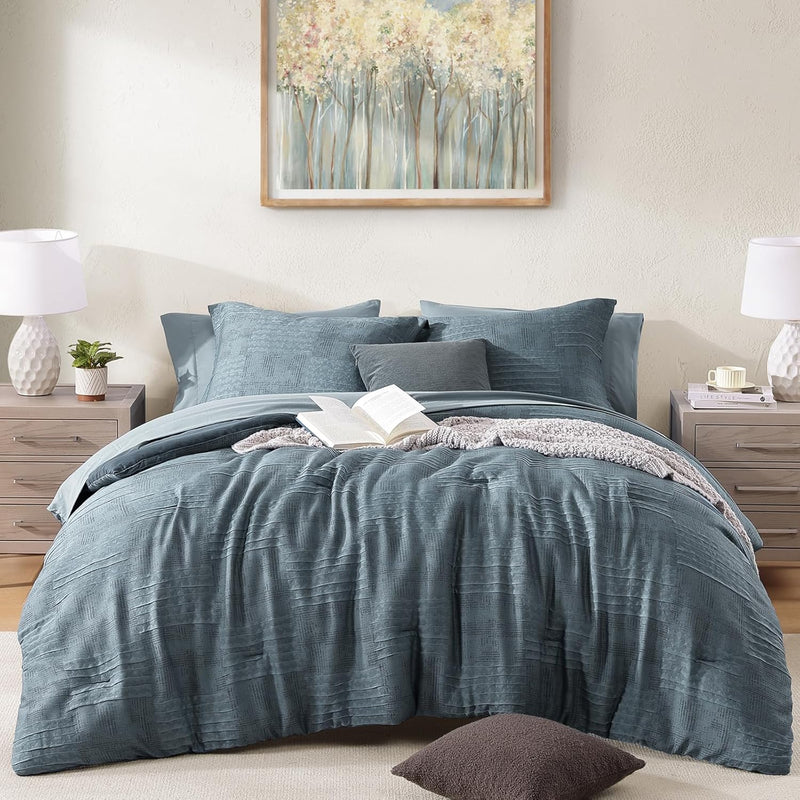 MaiRêve Charcoal Grey Full Comforter Set, Textured Design Grey Crinkle Bed in A Bag Full Size, Full Comforter Set with 7 Pieces with Comforter, Sheets, Pillowcases & Shams 80"x 90"