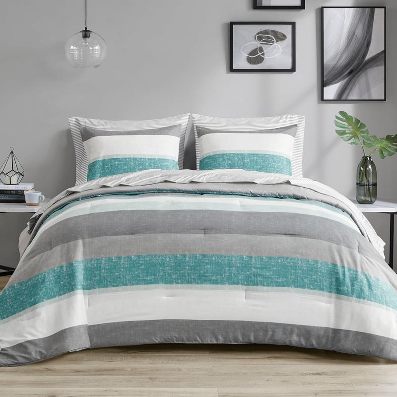 Madison Park Essentials King Comforter Set, Bed in A Bag Comforter & Sheet Set, Modern Casual Stripes Print, All Seasons, Soft Microfiber Bedding Makeover, Matching Shams, King Taupe/Grey 7 Piece
