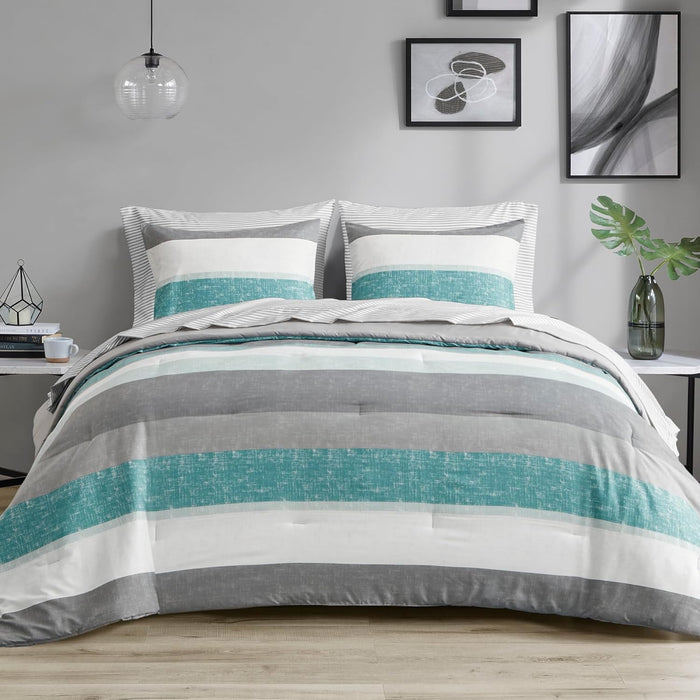 Madison Park Essentials King Comforter Set, Bed in A Bag Comforter & Sheet Set, Modern Casual Stripes Print, All Seasons, Soft Microfiber Bedding Makeover, Matching Shams, King Taupe/Grey 7 Piece