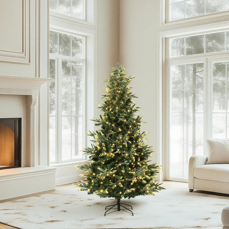 GarveeHome 9 FT Artificial Pre-lit Christmas Tree, Green PVC&PE Full Christmas Tree with 700 Warm White Lights for Home, Office, and Xmas Party Décor, Includes Stand