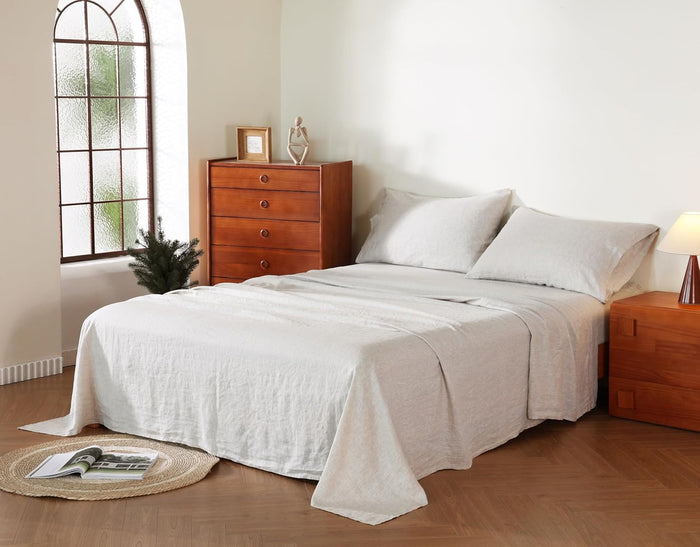 100% French Flax Linen Sheet Set, Bed Sheets Breathable and Durable, 4 Pcs Set - 1 Flat Sheet, 1 Fitted Sheet, 2 Pillowcases, 16 Inch Deep Pocket, All Season (Natural Linen, King)