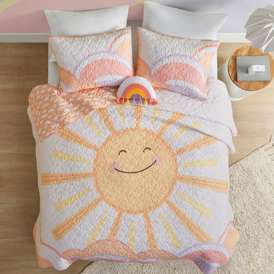 Intelligent Design Kids Twin Quilt Bedding Set, Cotton Coverlet Sun Girls Bedding Set Rainbow & Clouds Reversible Dawn Light & Breathable Sham Throw Pillow Twin Yellow/Coral 3 Piece