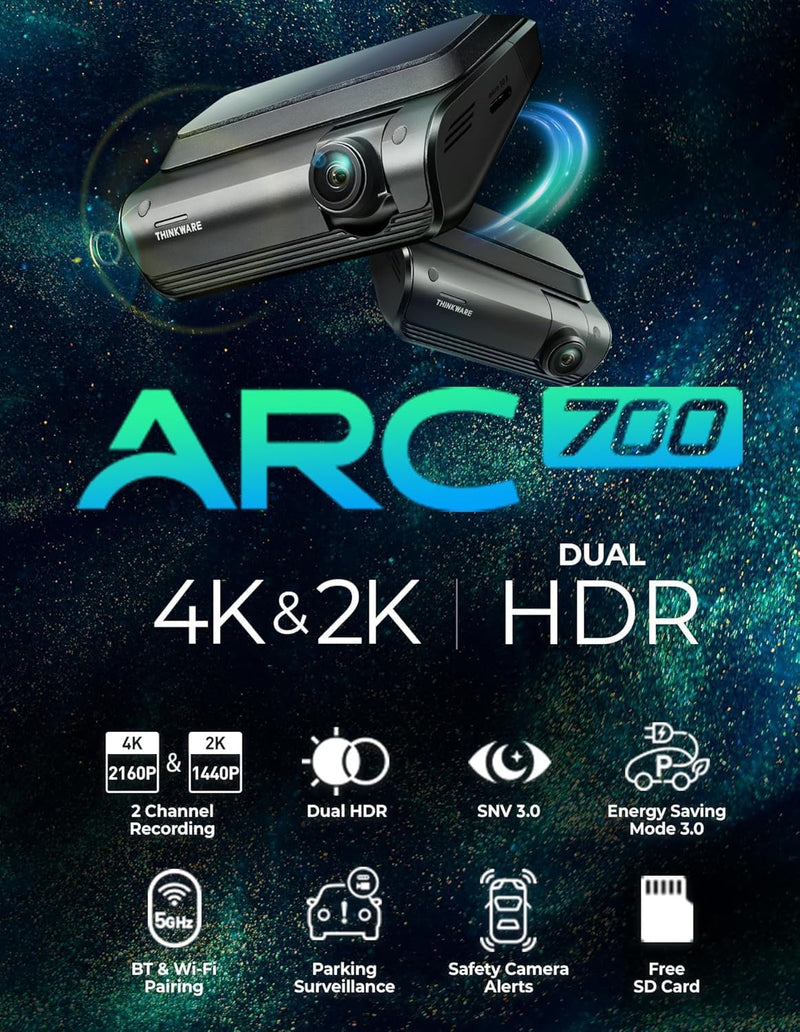 THINKWARE ARC 700 4K Front and 2K Rear Dash Cam - Wi-Fi, GPS, HDR, Parking Mode, Radar Compatible, Speed/Red Light Alerts, Included 64GB MicroSD, Hardwiring Cable