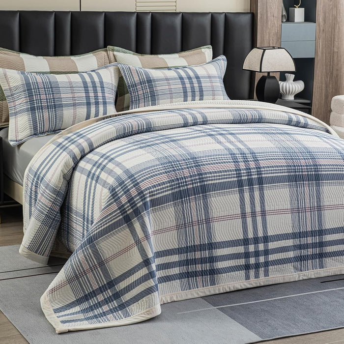 Cotton Plaid Quilt Set, Ultra Soft 3 Pieces Queen Size Bedding with 2 Pillow Shams, Lightweight Reversible Coverlet Bedspread with Wave Quilting for Summer, 90"x96", Grid-Beige Blue