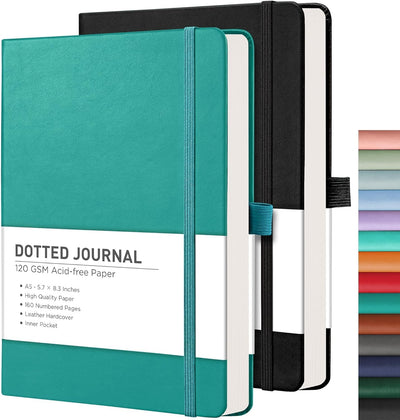 RETTACY Lined Journal Notebook, 2-Pack, 192 Numbered Pages per Pack, A5 Medium Size (5.7'' x 8.3''), for Men & Women, Writing, Work, Leather Hardcover, 100 GSM Thick Paper (Black & Dark Green)