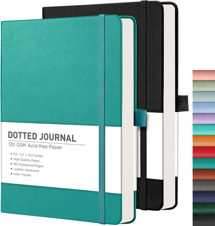 RETTACY Lined Journal Notebook, 2-Pack, 192 Numbered Pages per Pack, A5 Medium Size (5.7'' x 8.3''), for Men & Women, Writing, Work, Leather Hardcover, 100 GSM Thick Paper (Black & Dark Green)