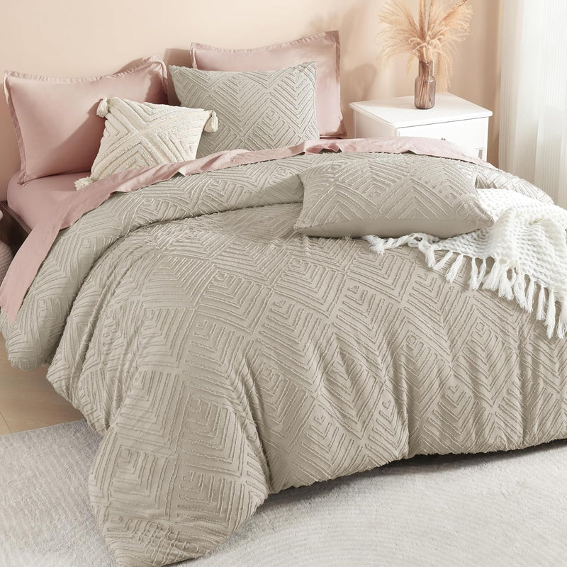 Litanika King Size Comforter Set Beige, 3 Pieces Cream Tufted Boho Farmhouse Bedding Comforter Sets, Lightweight Fluffy Comforter Bed Set for All Season (104x90In Comforter and 2 Pillowcases)