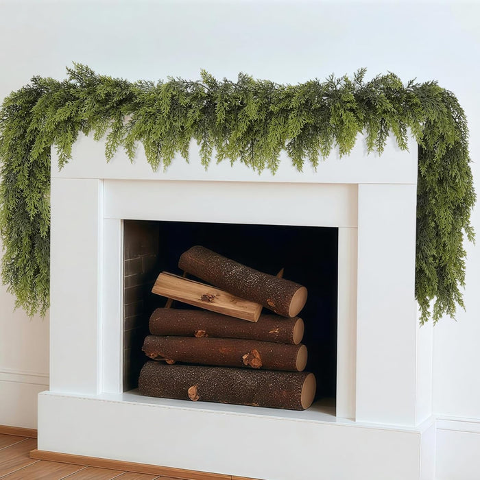 2 Pcs 9FT Christmas Garland, Christmas Decorations, Real Touch Cedar Garland, Artificial Cypress Garlands for Mantle Fireplace Door Table Wall Upstairs Indoor Outdoor Holiday Xmas Decor
