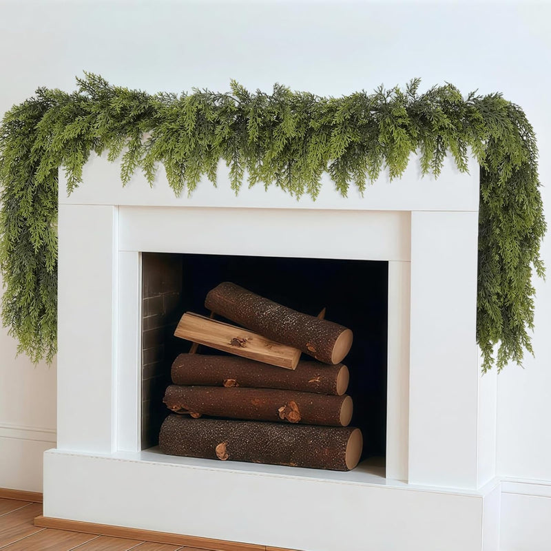 2 Pcs 9FT Christmas Garland, Christmas Decorations, Real Touch Cedar Garland, Artificial Cypress Garlands for Mantle Fireplace Door Table Wall Upstairs Indoor Outdoor Holiday Xmas Decor