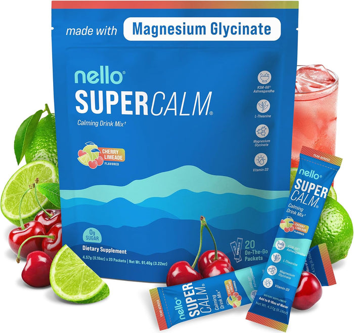 Supercalm Powdered Drink Mix, Raspberry Lemonade, L Theanine, Ksm-66 Ashwagandha, Magnesium Glycinate, Vitamin D 3, Supplements for Relaxation & Focus, No Sugar, Non GMO, On The Go, 20 Ct