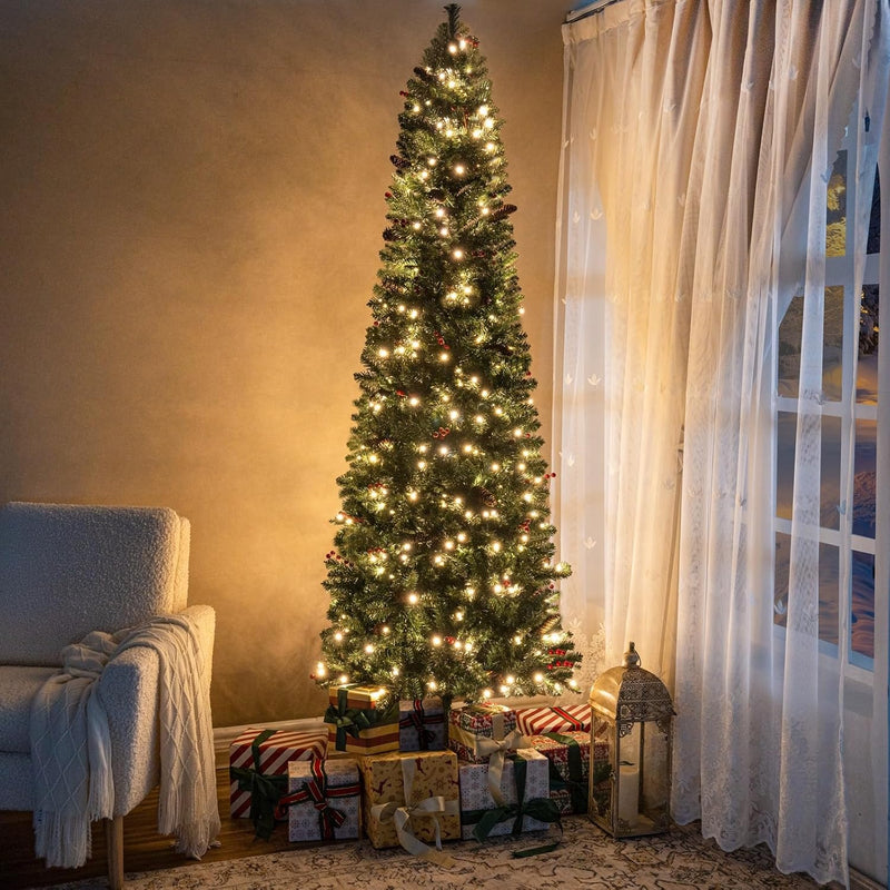 Naomi Home Salzburg 9ft Frosted Prelit Slim Artificial Christmas Tree with 1455 Branch Tips, 500 Warm Lights and Metal Stand, 37" Wide Realistic Snow Flocked Skinny Pencil Christmas Tree