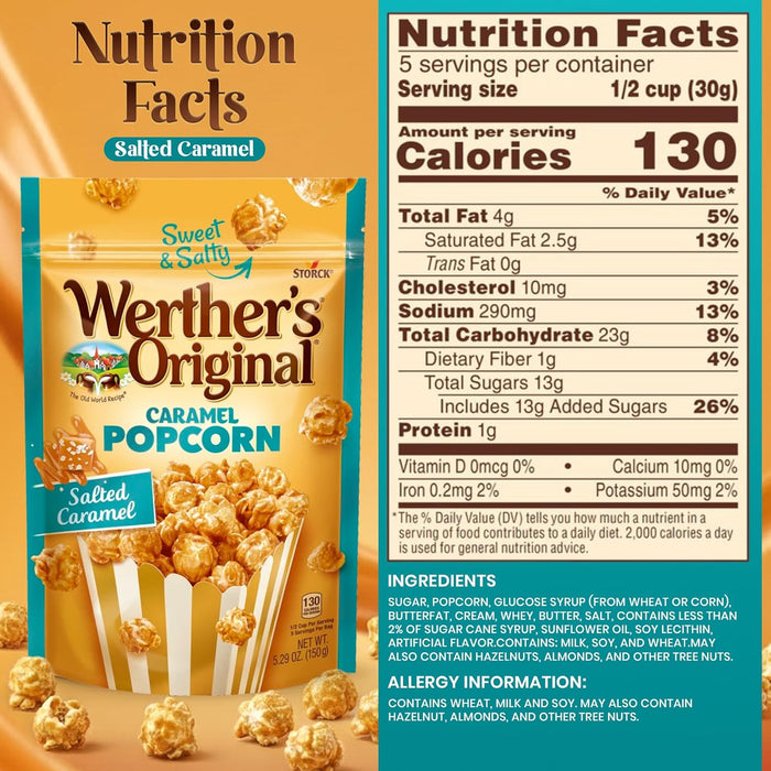 Werthers Caramel Crunch Topping Popcorn Duo Pack – Classic & Salted Caramel Flavours, 2 × 5.29 oz Resealable Popcorn Bags – Gourmet Sweet & Salty Snack Box Gifts for Movie Nights