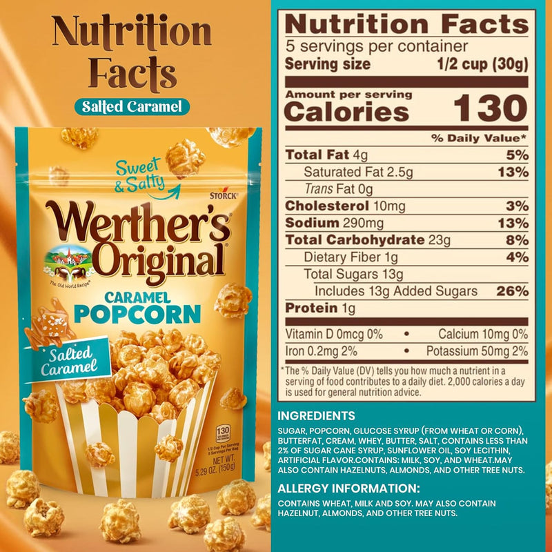 Werthers Caramel Crunch Topping Popcorn Duo Pack – Classic & Salted Caramel Flavours, 2 × 5.29 oz Resealable Popcorn Bags – Gourmet Sweet & Salty Snack Box Gifts for Movie Nights