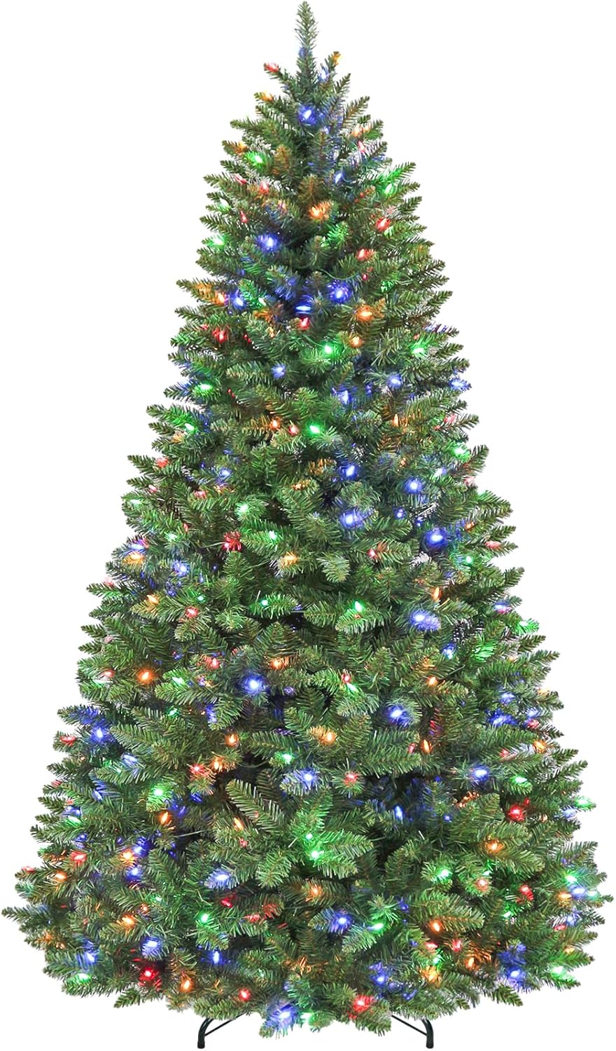 Hykolity 7.5 ft Prelit Christmas Tree, Artificial Christmas Tree with 450 Warm White Lights, 1450 Branch Tips, Metal Stand and Hinged Branches