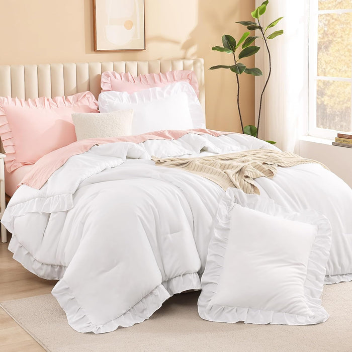Litanika Full Size Comforter Sets, 3 Pieces Blush Pink Ruffle Girls Women Cute Bedding Comforters & Sets, Lightweight Fluffy Microfiber as Gift (79x90In Comforter & 2 Pillowcases)