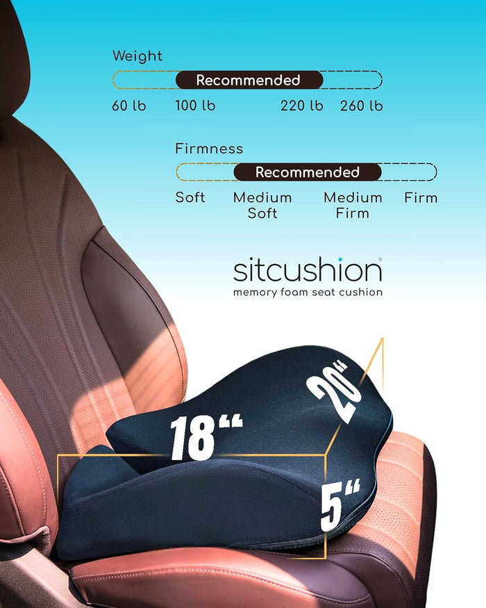 SitCushion Car Seat Cushion for Long Driving, Extra Large Memory Foam Seat Cushion for Sciatica Pain Relief, Car Essentials Orthopedic Pillow for Back Support, Tailbone Pain Relief Cushion (Black)