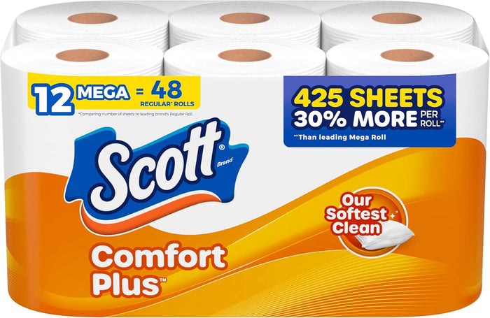 Scott ComfortPlus Toilet Paper, 12 Double Rolls, 231 Sheets per Roll, Septic-Safe, 1-Ply Toilet Tissue