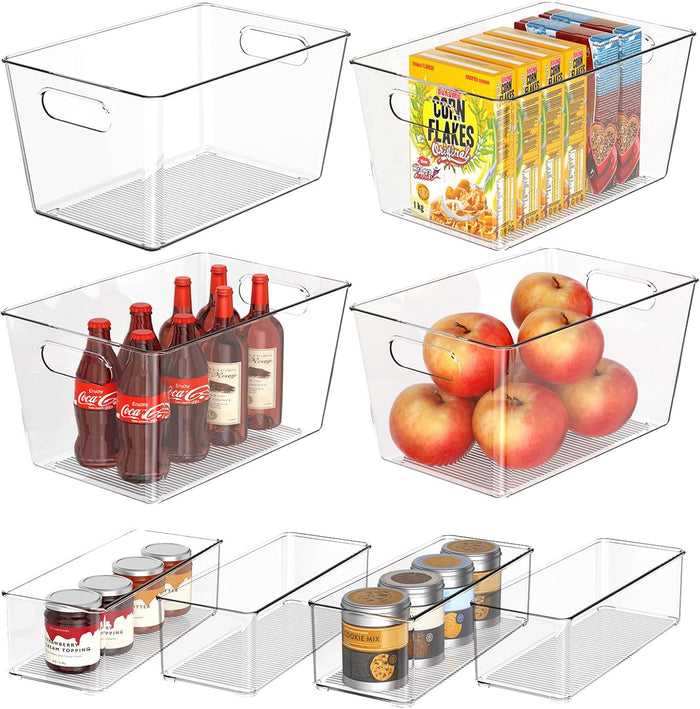 Set of 8 Clear Plastic Storage Bins, 6 Large +2 Small Pantry Organizers and Storage Containers for Kitchen Organization, Home Storage Essentials for Office, Closet, Garage, Freezer& Bathroom
