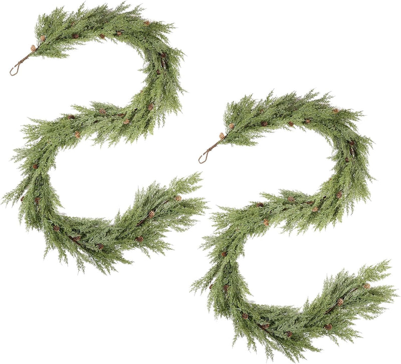 WBHome Real Touch Cypress Cedar & Pine Cone Evergreen Garland for Christmas Holiday Seasonal Outdoor/Indoor Home Decor, 9FT Long