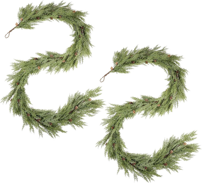 WBHome Real Touch Cypress Cedar & Pine Cone Evergreen Garland for Christmas Holiday Seasonal Outdoor/Indoor Home Decor, 9FT Long