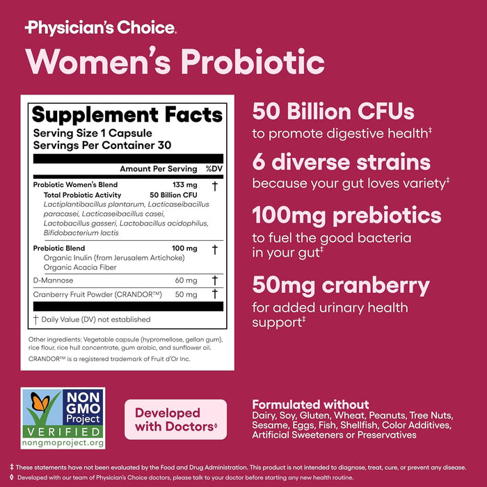 Physician's CHOICE Probiotics for Women - PH Balance, Digestive, UT, & Feminine Health - 50 Billion CFU - 6 Unique Strains for Her - Organic Prebiotics, Cranberry Extract+ - Women Probiotic - 30 CT