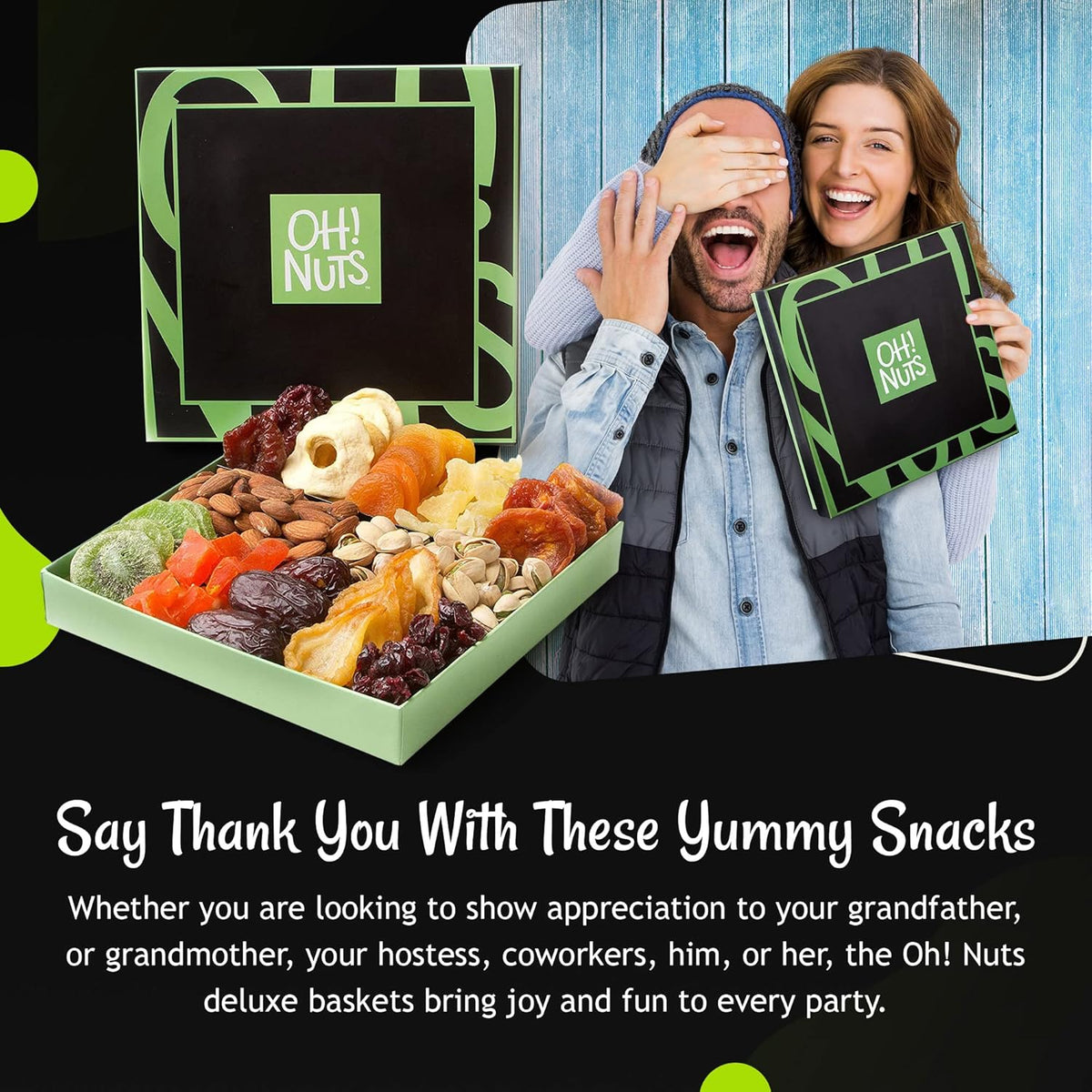 Oh! Nuts Dried Fruits and Nuts Gift Basket - Gourmet Gift Baskets - Healthy Assorted Nuts and Dried Fruit Gift Box - Crafted in USA, Sealed Fresh in Individual Packs (Green Box)