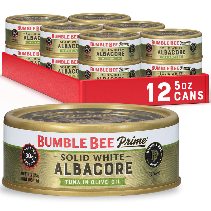 Bumble Bee Prime Solid White Albacore Tuna in Water, 5 oz Easy Open Cans (Pack of 4) - Premium Wild Caught Tuna - 32g Protein per Serving - Non-GMO Project Verified, Gluten Free, Kosher