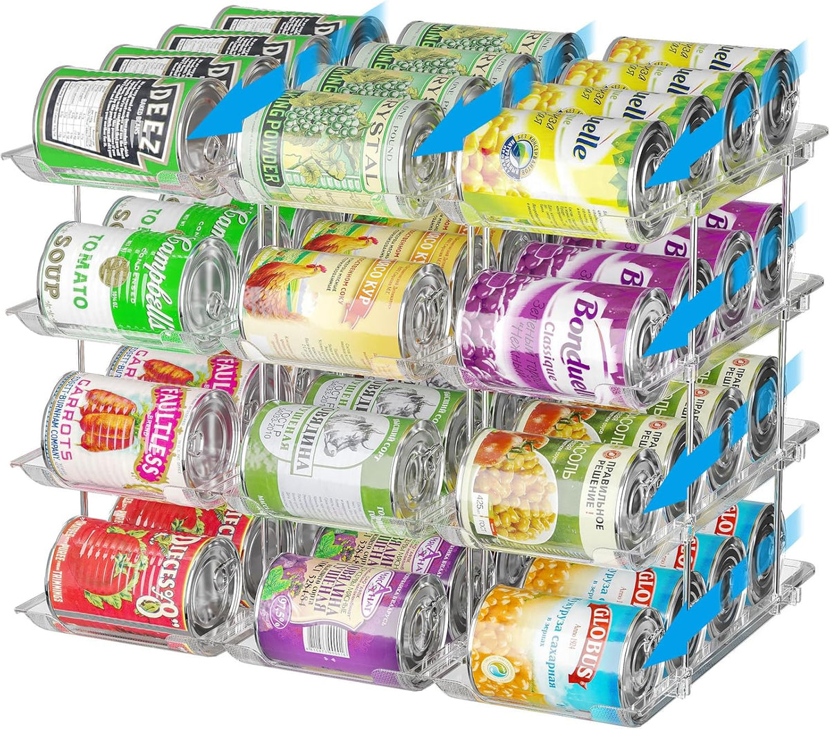 Stackable 5 Tiers Can Organizer Pantry, Canned Food Holder for Fridge Holds 60 Cans, Free Combination & Automatic Rolling, Space Saving Storage for Refrigerator Kitchen Pantry, Clear