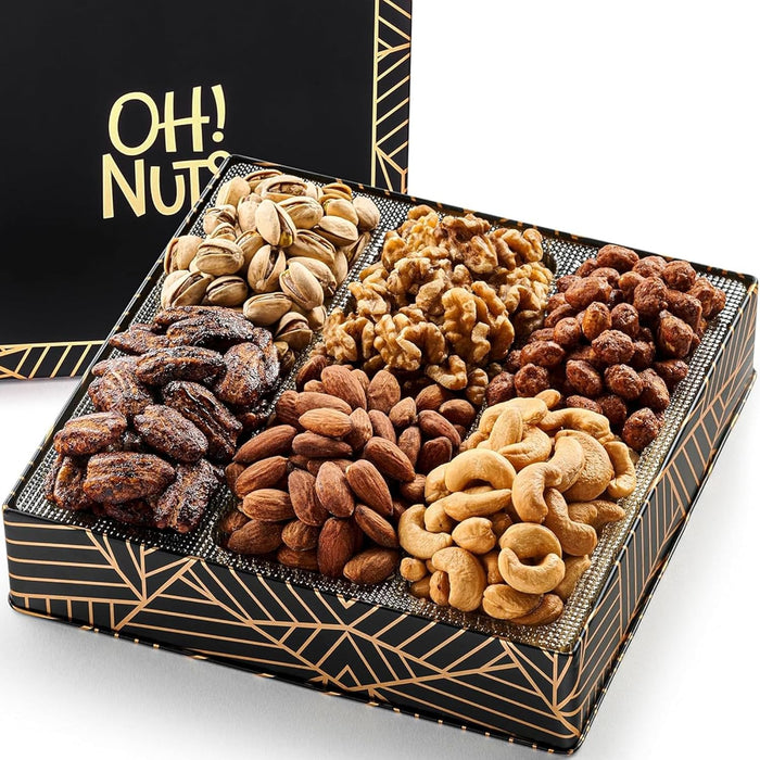 Oh! Nuts 7 Section Nuts Gift Basket - Gourmet Assorted Macadamia Nut Gifts Baskets - Healthy Nuts Gift Hexagon Metal Tin Box - Premium Food Gift for Holiday, Movie Night, Corporate, Men & Women