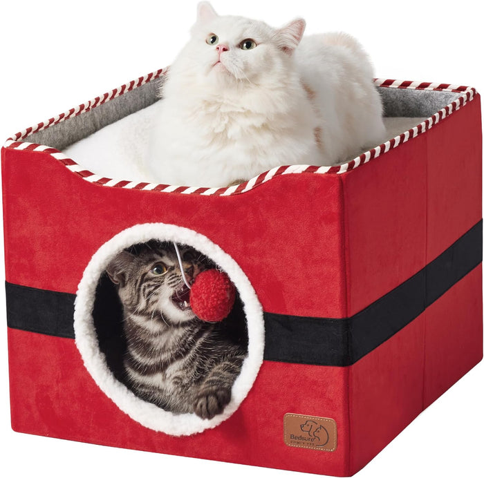 Bedsure Cat Beds for Indoor Cats - Large Cat Cave for Pet Cat House with Fluffy Ball Hanging and Scratch Pad, Foldable Cat Hideaway, 16.5x16.5x13 inches, Grey