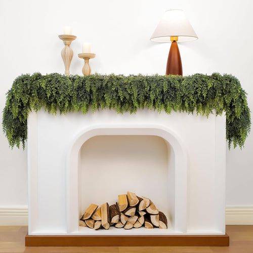 6ft Christmas Garland with Lights, Cedar Garland, Thick Realistic Green Cedar Pine Garland for Mantle, Stairs Railing, Indoor Outdoor New Year Decoration with Smart Timer
