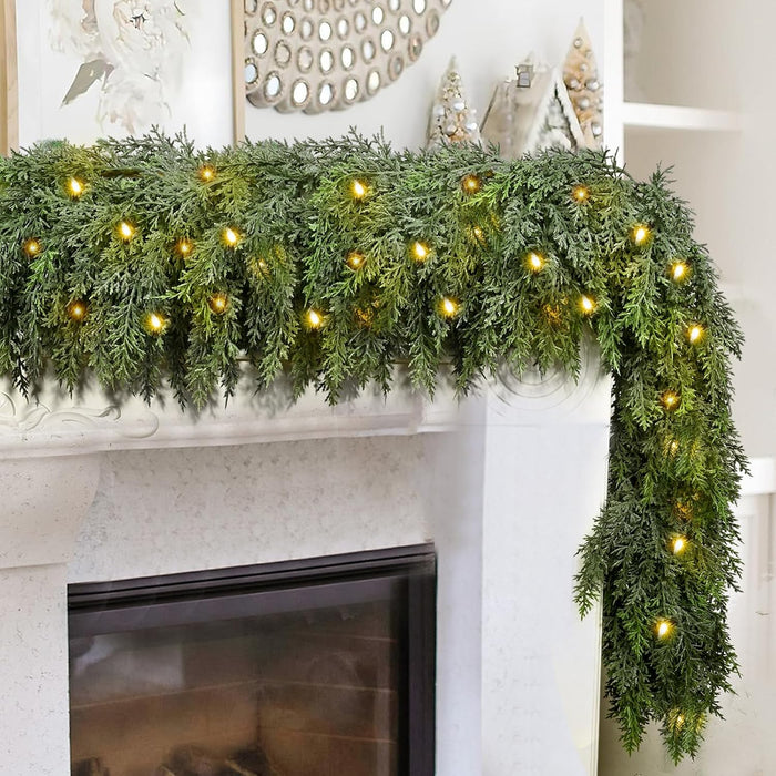 9FT Thick Christmas Garland with 240 Cedar Branches, Real Touch Green Cedar Garland for Christmas Decorations, Artificial Greenery Garland for Table, Mantle, Wall, Indoor, Outdoor Holiday Decor