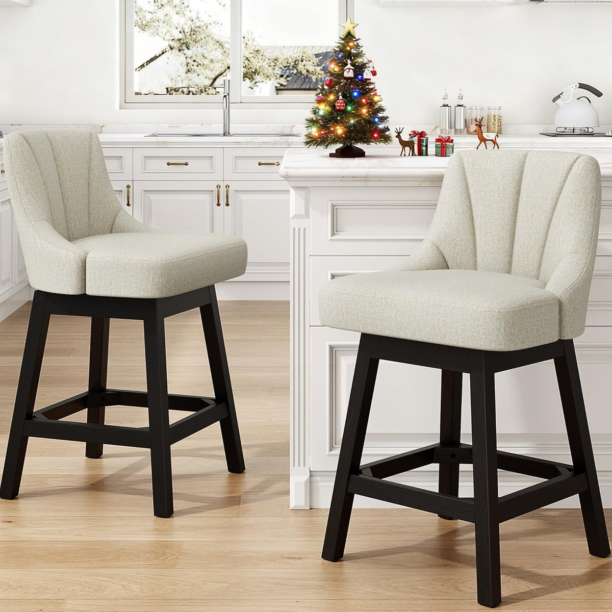 Swivel Bar Stools Set of 2, 26" Fabric Upholstered Counter Height Barstools, Modern Kitchen Island Chairs with Back and Solid Wood Legs for Home Bar Dining Room, Dark Grey