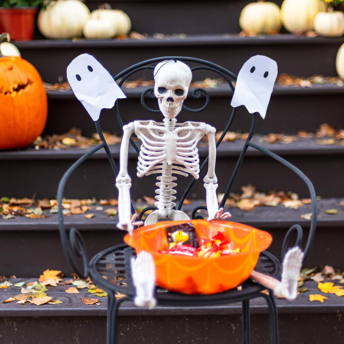 Halloween Decorations Outdoor Skeletons - 16" Posable Plastic Skeleton - Spooky Scary Small Skeleton for Halloween Decor, Haunted House, Party, Yard, and Graveyard Props