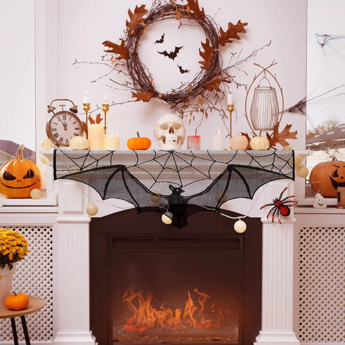 ANPHSIN Halloween Black Lace Spiderweb- 2 Pcs Bat Curtain Window Valance Cobweb Tablecloth Shower Curtains Fireplace Mantles Scarf Cover for Home Door Kitchen Bathroom Festive Party Decorations