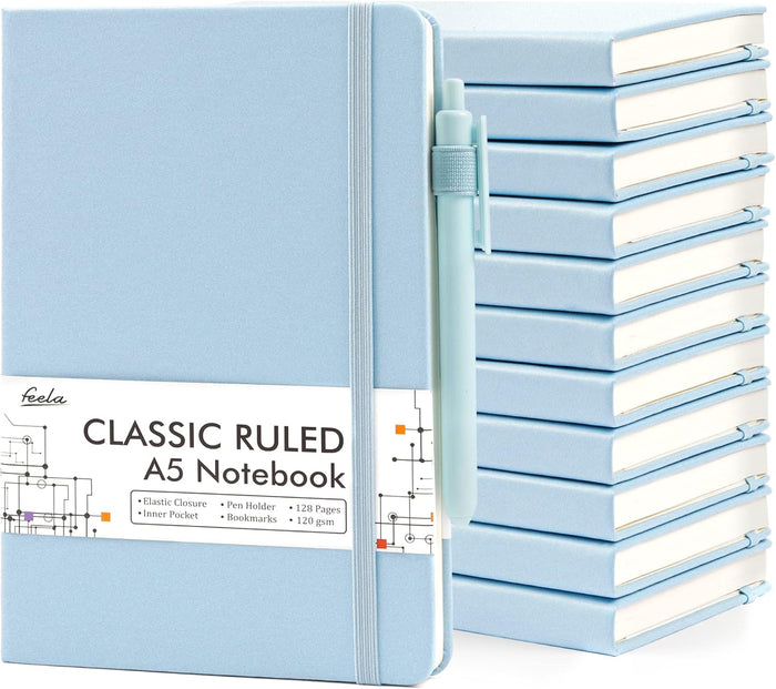 feela 12 Pack Notebooks Journals Bulk, Hardcover Notebook Classic Ruled Journal Set with Pen Holder for School Business Work Travel Writing, with 12 Black Pens, 120 GSM, 5.1”x8.3”, A5, Purple