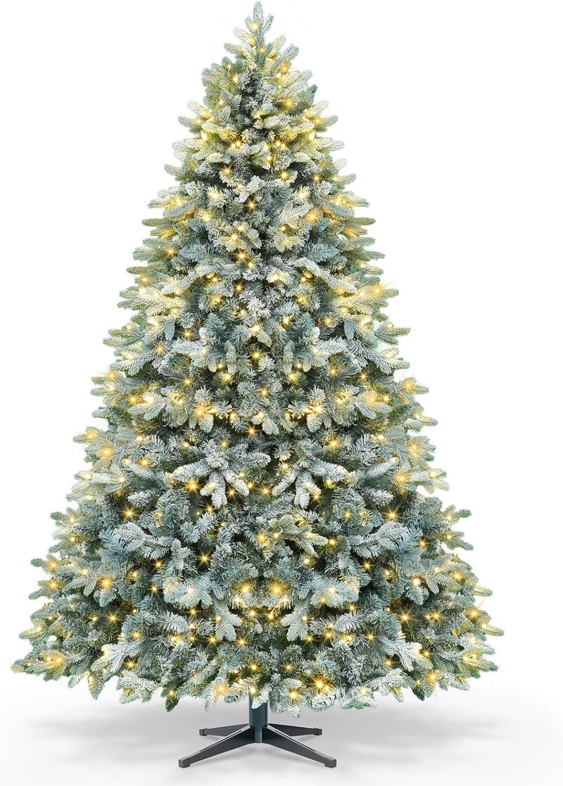 9ft Pre-lit Artificial Christmas Tree with Remote, Snow Flocked Xmas Trees Rotating & Foldable Stand, RGB & Warm White Light for Home Decor